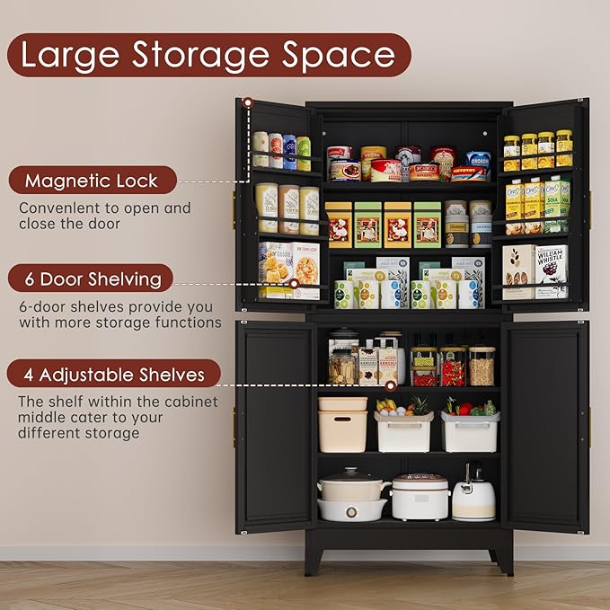 75" H Metal Storage Cabinet, Pantry with 6 Door Shelves and 4 Adjustable Shelves, Leveling Foot for Kitchen, Living Room and Dinning Room, Black-CasaMuseHome