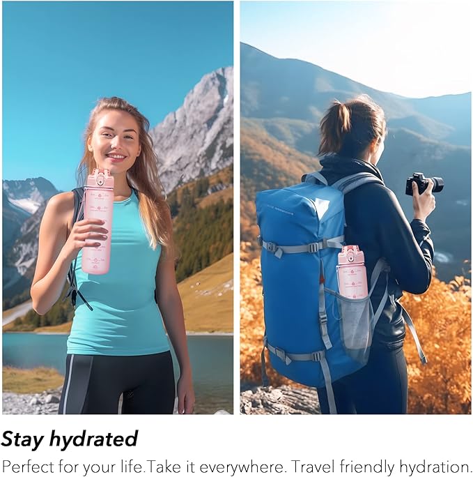 32oz Motivational Water Bottles with Time Marker & Fruit Strainer, Transparent Gradient Color Water Bottle with Times to Drink, Leakproof & BPA Free, Reusable Bottle with Strap (No Straw)-CasaMuseHome