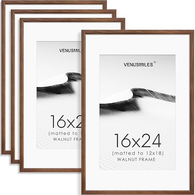 16x24 Poster Frame Set of 4 Natural Solid Walnut Photo Frames with 12x18 Removable Mat Wall Hanging Large Handcrafted Frame with HD Plexiglass Wall and Tabletop Display Large Picture Frame-CasaMuseHome