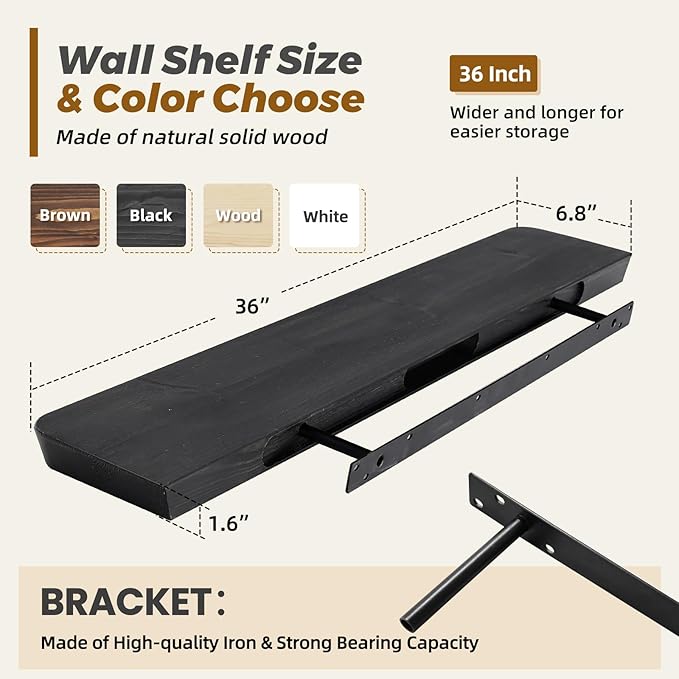 36"x6.8"x1.6" Slanted Floating Wall Shelves 2-Pack - Rustic Black Finish, Heavy-Duty Solid Wood Design with Hidden Brackets - Perfect for Living Room, Kitchen, Bathroom, or Office-CasaMuseHome