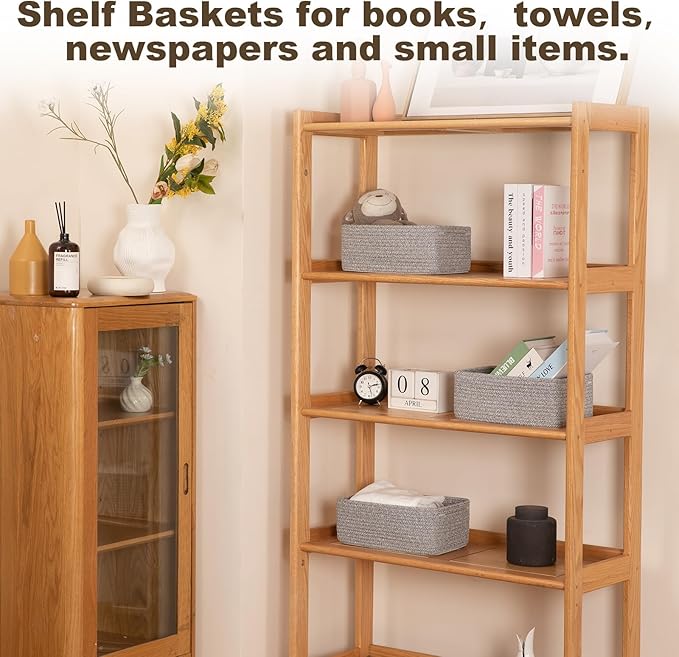 3 Pack Small Storage Baskets for Organizing, Cute Woven Decorative Gift Baskets for Shelves, Mini Closet Organizer Bins with Handles, 11.81''Lx7.87''Wx4.72''H-Grey-CasaMuseHome