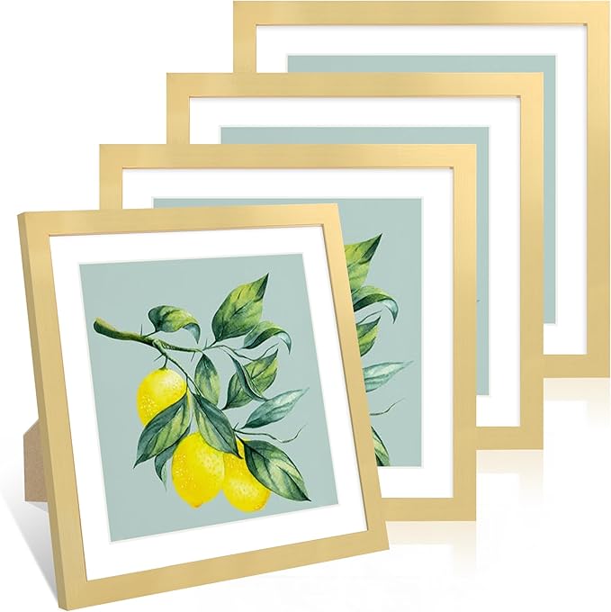 12x12 Picture Frame Set of 4, 12 x 12 Wood Photo Frames with Mat for 10x10 or 30x30cm Diamond Painting Art, Wooden Frame with Real Glass Cover for Wall and Tabletop Display,Gold-CasaMuseHome