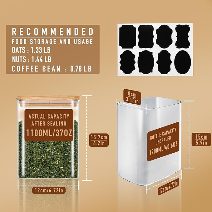 37oz Rectangle Airtight Glass Storage Containers with Bamboo Lids (Set of 6), Square Food Storage Jar, Pantry Organizers for Cereal, Nuts, Snacks and Coffee beans (‎with Black Lable)-CasaMuseHome