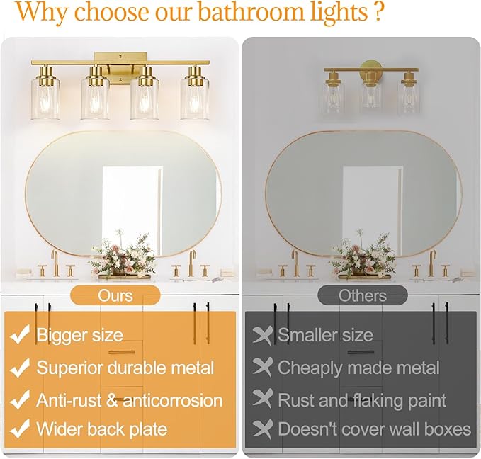 4-Light Vanity Lights with Clear Glass Shades, Brushed Gold Bathroom Light Fixtures Over Mirror, Modern Bathroom Wall Lamp for Mirror Living Room Cabinet Bedroom Porch-CasaMuseHome