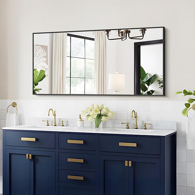 48x24In Black Bathroom Mirror for Wall, Rectangle Mirrors with Metal Frame, Bathroom Rectangular Mirror Modern Wall Mirror for Bedroom Living Room, Entryway Hangs Horizontal or Vertical-CasaMuseHome