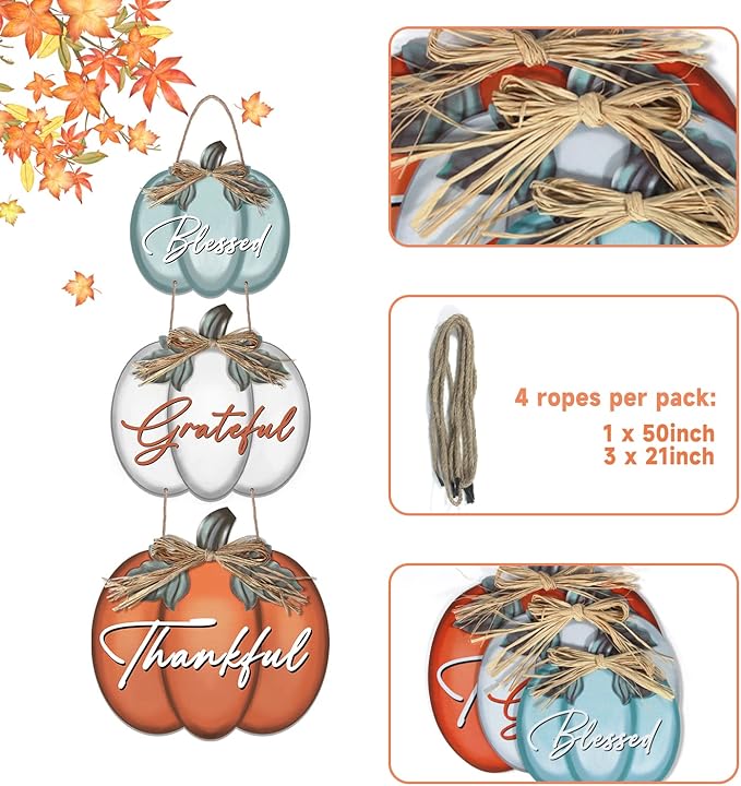 3 Pieces Pumpkin Decor Grateful Thankful Blessed Wall Signs,Rustic Hanging Welcome Door Sign for Autumn Harvest Thanksgiving Halloween Door Wall Decoration Indoor Outdoor Fall Decor for Home-CasaMuseHome
