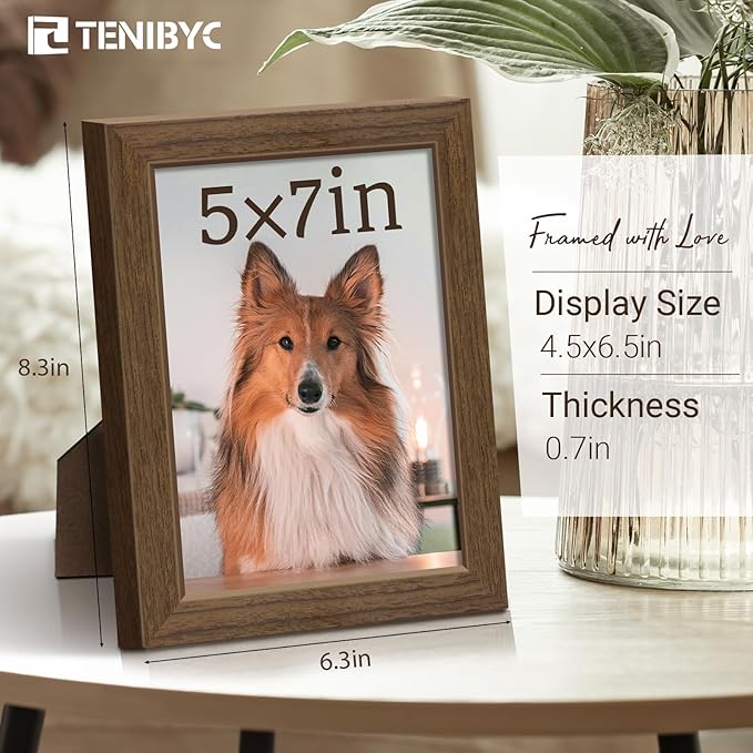 5x7 Picture Frame 3 Pack - Brown Woodgrain, Wood Photo Frame, HD Tempered Glass, Table Display or Wall Hanging-CasaMuseHome