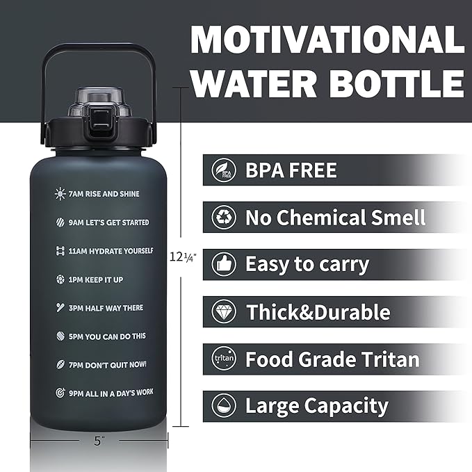 64oz,100oz,128oz Large Motivational Water Bottle with Time Marker, Leakproof & BPA Free Half Gallon Big Water Bottle with Straw Handle Tritan Frosted Water Jug for Gym,Fitness,Outdoor Sports-CasaMuseHome
