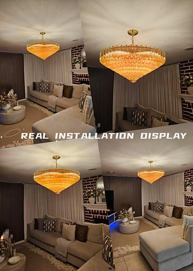 30" Modern Dining Room Chandeliers, 13-Light Amber Crystal Chandeliers, Dimmable Blown Glass Chandelier for Living Room, Round Glod Large Chandelier for High Ceiling, Bedroom, Entryway, Staircase-CasaMuseHome