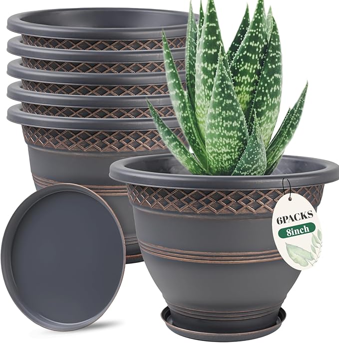6 Pack 8 Inch Plant Pots, Plastic Flower Pot for Indoor & Outdoor with Drainage Holes & Saucer, Plaid Pattern Planters Garden Pots for Herbs-CasaMuseHome