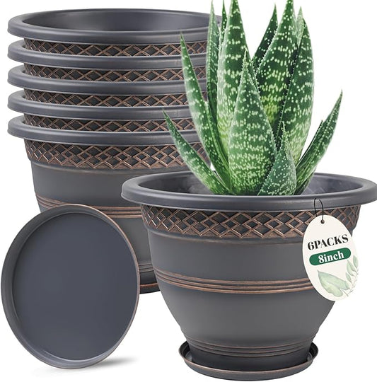 6 Pack 8 Inch Plant Pots, Plastic Flower Pot for Indoor & Outdoor with Drainage Holes & Saucer, Plaid Pattern Planters Garden Pots for Herbs-CasaMuseHome