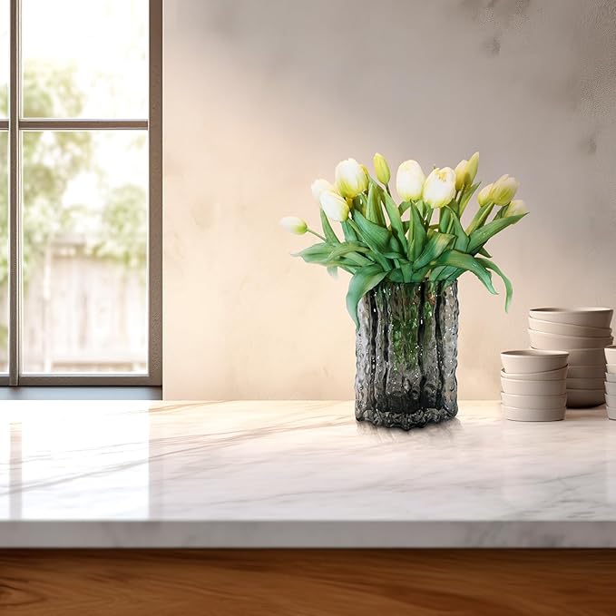 15pcs Artificial Tulips Flowers, Fake Tulips Real Touch, Faux Latex Bouquets, for Party Wedding Home Room Decoration (White)-CasaMuseHome