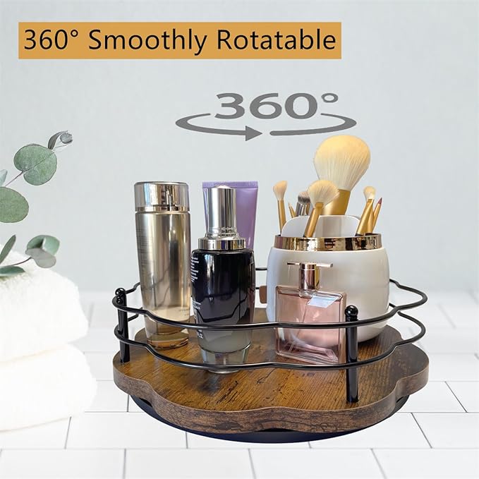 13" Lazy Susan Turntable Organizer with Higher Metal Sides, 360° Rotating Wooden Lazy Susan Organization and Storage for Cabinet,Kitchen,Countertop,Table Top,Dining Table,Coffee Bar Decor-CasaMuseHome