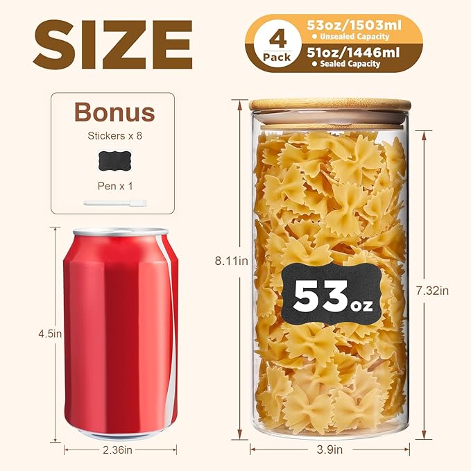 53oz Glass Food Storage Jars, Glass Jars with Bamboo Lids, Kitchen Storage Jars, Set of 4, Canisters with Airtight Lids for Spice, Coffee, Cookie, Pantry Organizers-CasaMuseHome