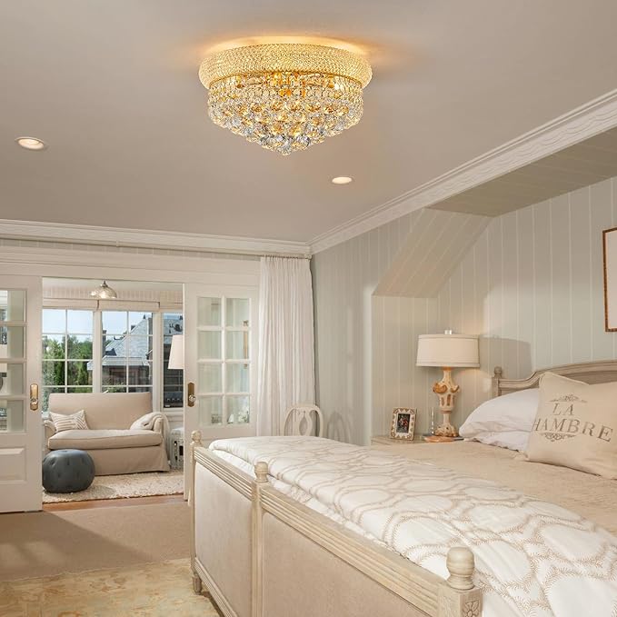 7-Light Crystal Flush Mount Chandelier Ceiling Light Fixture for Living Room Dining Room Bedroom Foyer Entryway Hallway Closet Bathroom (Gold D18)-CasaMuseHome