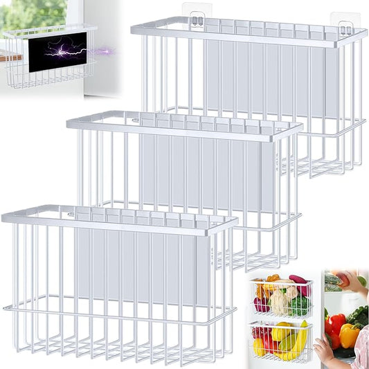 3 Pcs Magnetic or Adhesive Refrigerator Organizer Magnetic Baskets Kitchen Holder for Refrigerator Metal Shelf Rack Storage with 2 Types of Installation(White)-CasaMuseHome
