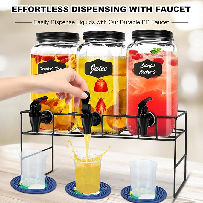 3-Pack 2.2L Glass Laundry Detergent Dispenser Set with Stand - Premium Liquid Soap Dispenser with PP Spigots, Measuring Cups, and Chalkboard Labels for Laundry Room Organization and Storage-CasaMuseHome