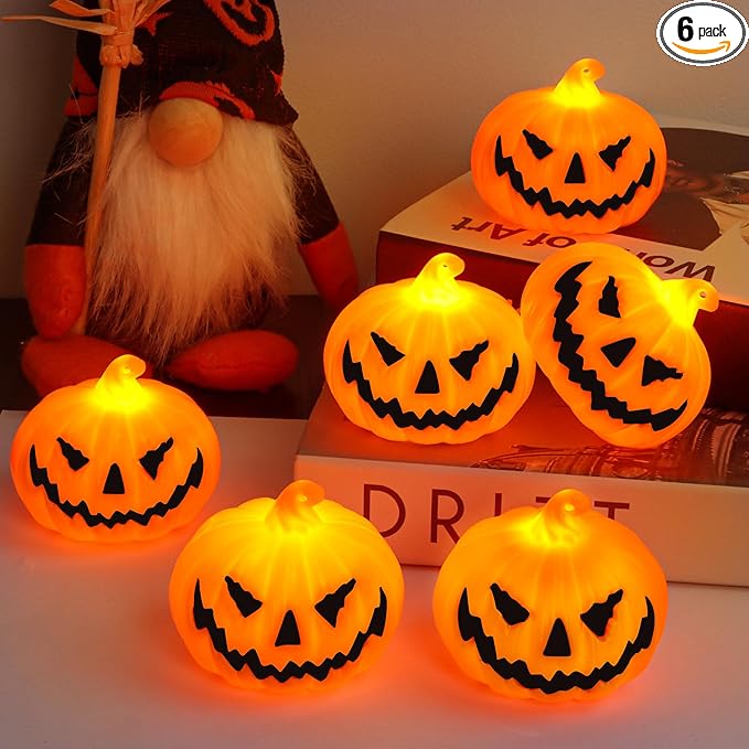 6 Pack Halloween Pumpkin Flameless Candles Battery Operated LED Tealight Candles for Home Room Decorations, Light Up Halloween Decorations Indoor for Table Party Office Fireplace-CasaMuseHome