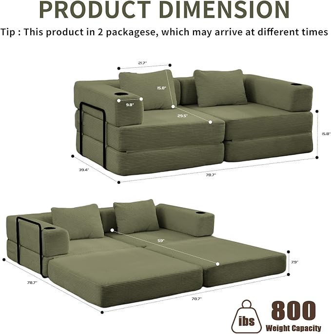 78" W Loveseat Sofa, 4 in 1 Convertible Floor Sofa Bed, Boneless Cloud Couch with Cup Holder, Fold Out Floor Couch, Loveseat Recliner Sleeper for Living Room Bedroom Lounge(Corduroy, White)-CasaMuseHome