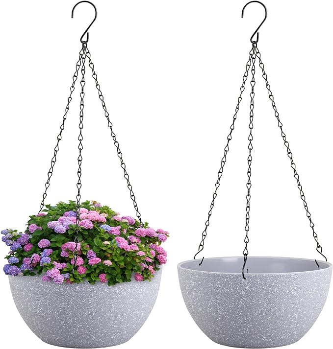 8 inch Small Hanging Planters for Indoor Outdoor Plants, 2 Pack Hanging Flower Pots with Drainage Holes and Chain for Garden Porch, Plastic Hanging Baskets for House Plants, Speckled Grey-CasaMuseHome