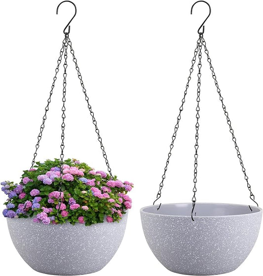8 inch Small Hanging Planters for Indoor Outdoor Plants, 2 Pack Hanging Flower Pots with Drainage Holes and Chain for Garden Porch, Plastic Hanging Baskets for House Plants, Speckled Grey-CasaMuseHome