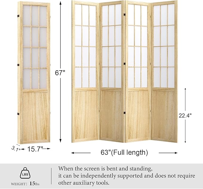 5.6FT Room Divider and Folding Portable Partition Screen, Chinese Japanese Shoji Style for Room Separation - 4 Panel (Natural)-CasaMuseHome