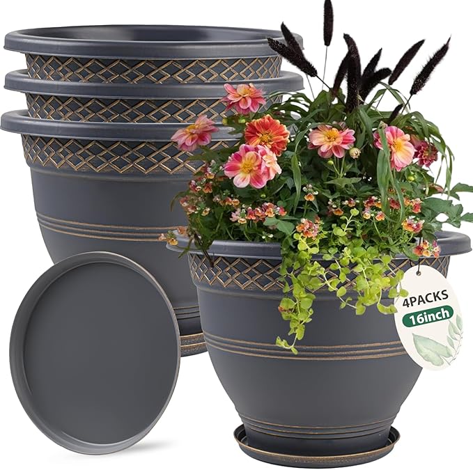 4 Pack 16 Inch Large Plant Pots, Plastic Flower Pot for Indoor & Outdoor with Drainage Holes & Saucer, Plaid Pattern Planters Garden Pots for Herbs Gold-CasaMuseHome