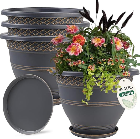 4 Pack 16 Inch Large Plant Pots, Plastic Flower Pot for Indoor & Outdoor with Drainage Holes & Saucer, Plaid Pattern Planters Garden Pots for Herbs Gold-CasaMuseHome