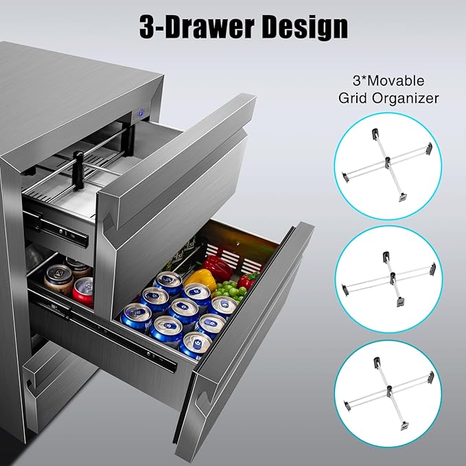 24 Inch Upgraded Three-Drawer Beverage Fridge, Weather Proof Outdoor Stainless Steel Beverage Refrigerator, Under Counter Built-in Beverage Cooler for Home & Commercial Use-CasaMuseHome