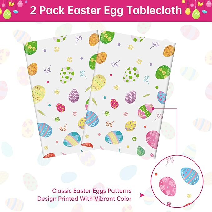 2 Pack Easter Tablecloth - Colorful Easter Eggs Table Cloth, Plastic Disposable Rectangle Spring Easters Egg Table Cover for Easters Tables Decorations and Party Supplies Decor Favors, 108 x 54 Inch-CasaMuseHome