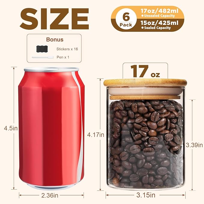 17oz Glass Food Storage Jars, Glass Jars with Bamboo Lids, Kitchen Storage Jars, Set of 12, Canisters with Airtight Lids for Spice, Coffee, Cookie, Pantry Organizers-CasaMuseHome