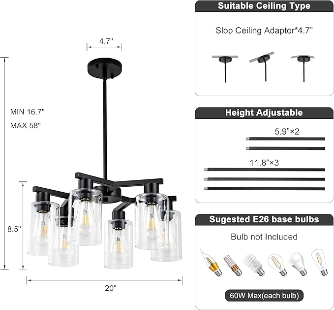 6-Light Black Modern Farmhouse Chandelier for Dining Room Ceiling Light Fixture with Clear Glass Shades, Adjustable Hanging Industrial Pendant Lighting for Living Room Kitchen Island Bedroom Entryway-CasaMuseHome