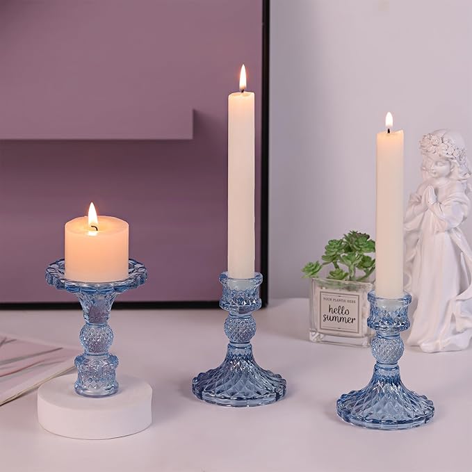 12Pcs 4" H Aqua Blue Candlestick Holders Set- Taper Candle Holders Bulk, Glass Candle Holders for Wedding, Party, Romantic Dinner Table Centerpieces, Festival Gifts & Windowsill Decor-CasaMuseHome
