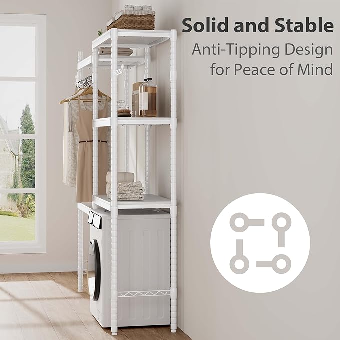 5-Tier Over-The-Washer Shelf - Adjustable 28" Laundry Organizer with 100lb Double Wood Shelves, Space-Saving Storage Unit for Small Homes (White)-CasaMuseHome