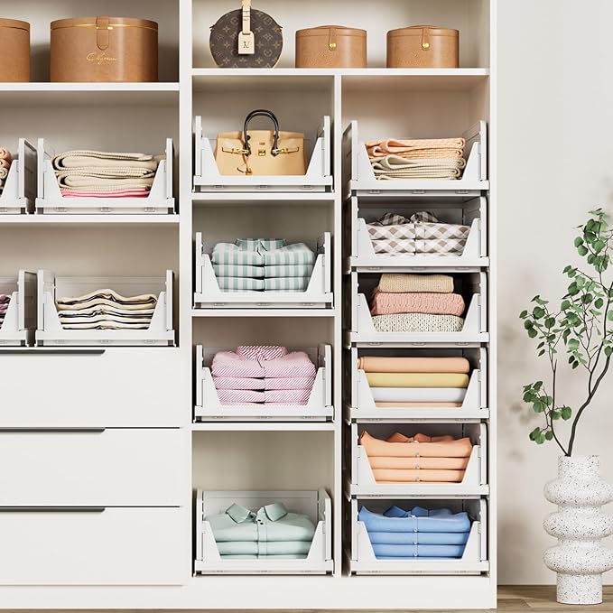 6 Pack Stackable Closet Storage Basket - Stackable Storage Bins, Multifunctional & Foldable Closet Organizer, Wardrobe Storage Space-Saving Clothes Storage Drawer Organizer, White-CasaMuseHome