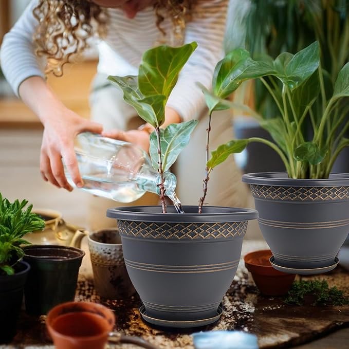 4 Pack 12 Inch Large Plant Pots, Plastic Flower Pot for Indoor & Outdoor with Drainage Holes & Saucer, Plaid Pattern Planters Garden Pots for Herbs-CasaMuseHome