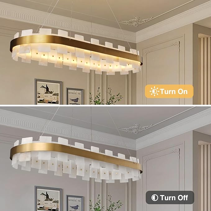 37.4" Natural Spanish Alabaster Rectangle Chandelier, Adjustable Luxury Ceiling Light for Dining Room Over Table, Kitchen Island, Modern Marble Chandeliers for Bedroom, Foyer, Entryway-CasaMuseHome