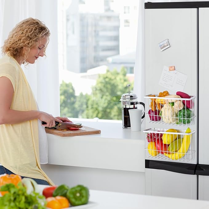 3 Pcs Magnetic or Adhesive Refrigerator Organizer Magnetic Baskets Kitchen Holder for Refrigerator Metal Shelf Rack Storage with 2 Types of Installation(White)-CasaMuseHome
