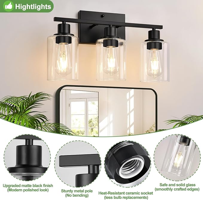 3 Light Bathroom Light Fixtures, Matte Black Modern Vanity Lights with Clear Glass Shade, Bathroom Wall Lamp for Mirror Kitchen Living Room Hallway Cabinet Porch-CasaMuseHome