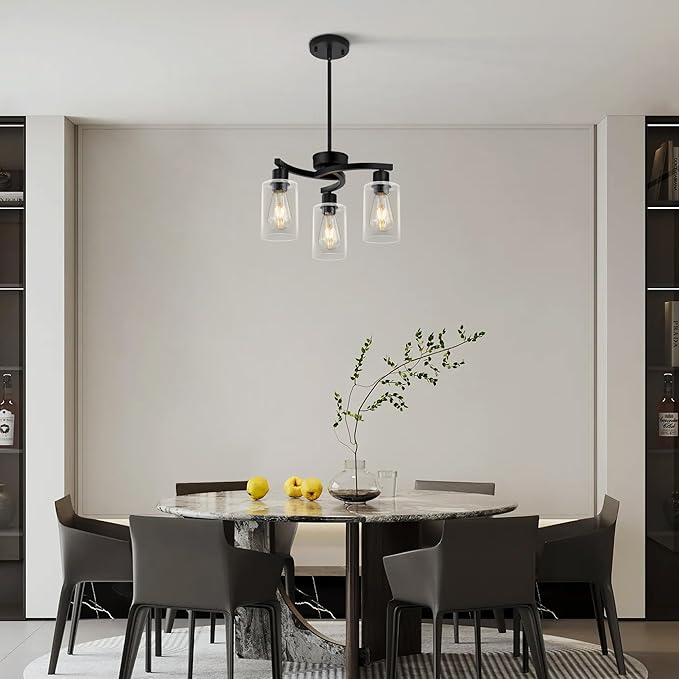 3 Light Modern Dining Chandeliers Over Table，Black Light Fixture for Dining Room，Farmhouse Chandelier with Glass Shade，Industrial Pendant Lighting for Kitchen Island，Foyer,Hallway, Bedroom-CasaMuseHome