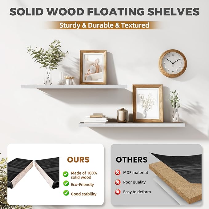 36"x6.8"x1.2" Solid Wood Floating Shelves 2-Pack - Rustic White Finish with Hidden Brackets, Perfect for Storage and Décor in Living Room, Kitchen, Bedroom-CasaMuseHome