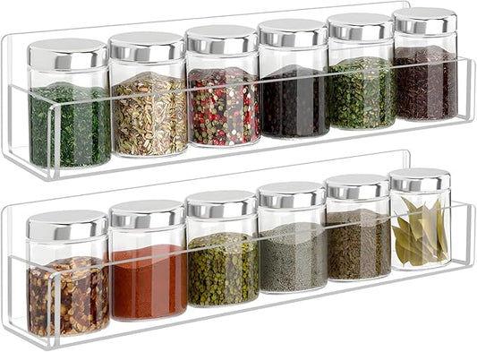 Acrylic Spice Rack Wall Mount-12 Inch, Clear Spice Shelf Storage Holder, 2 Pack Hanging Seasoning Rack Organizer for Cabinet Door, Cupboard or Wall Kitchen (Adhesive or Screw)-CasaMuseHome