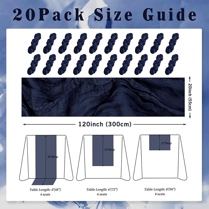20 Pack Navy Blue Cheesecloth Table Runner 10FT Boho Fabric Rustic Cheese Cloth Table Runner for Wedding Bridal Shower Baby Shower Gauze Sheer Birthday Party Table Decorations 20 x 120 Inch Long-CasaMuseHome