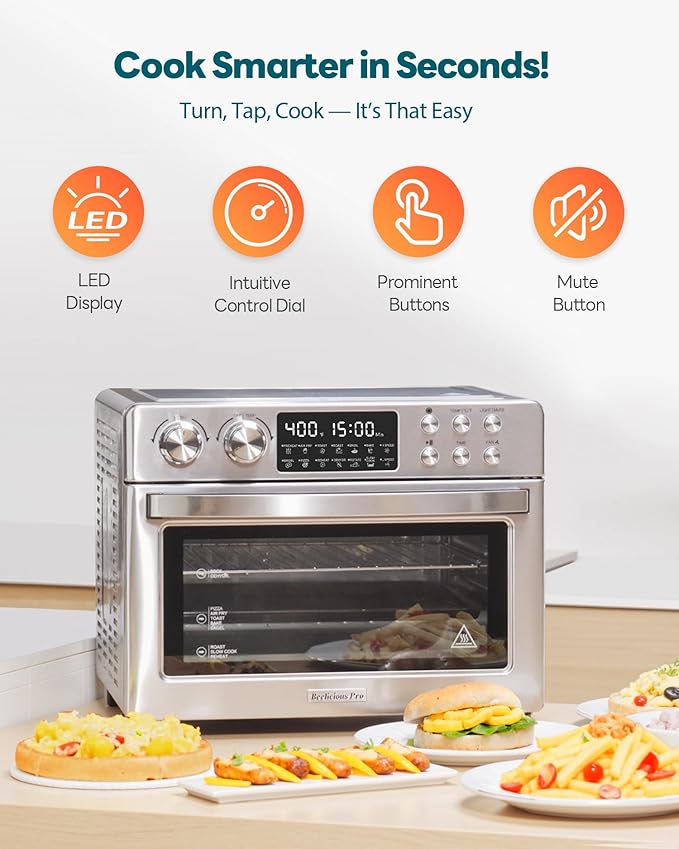 28QT Air Fryer Toaster Oven Combo, Large 12-in-1 Convection Countertop Oven with Next-Gen HeatWave Convection, 3-Layer Cooking, Rotisserie for Chicken, Fits 11" Pizza, Full Accessorie, Stainless Steel-CasaMuseHome