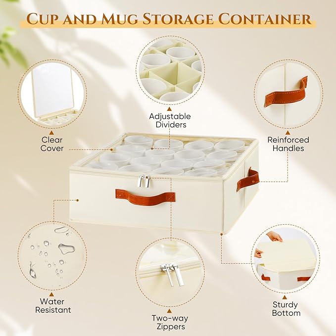 2 Pack Cup and Mug Storage Box with Dividers and Hard Shell, Stackable Coffee Cup Storage Organizer with Lid, Zipper, and Handles for Coffee Mugs, Cups, Glasses, Stemware Storage Containers for Moving-CasaMuseHome