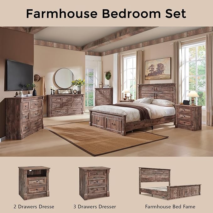 26" Tall Farmhouse Nightstand, 3 Drawers End Table w/Charging Station, 23.6" Wide Large Side Table w/Roman Column, Wood Rustic Sofa Table for Bedroom, Light Brown-CasaMuseHome