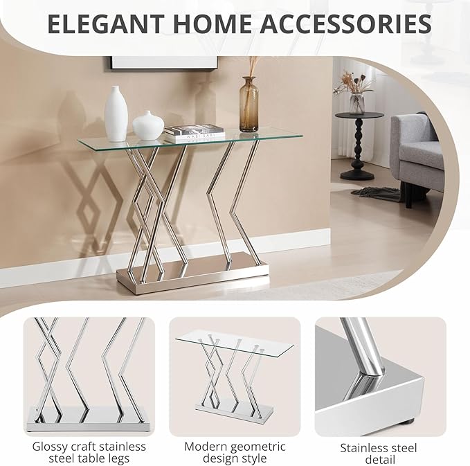 43.3" Glass Modern Console Table, Sturdy Silver Entryway Table with Stainless Steel Base, Rustic Entrance Table, Minimalist Narrow Tables for Living Room & Office-CasaMuseHome