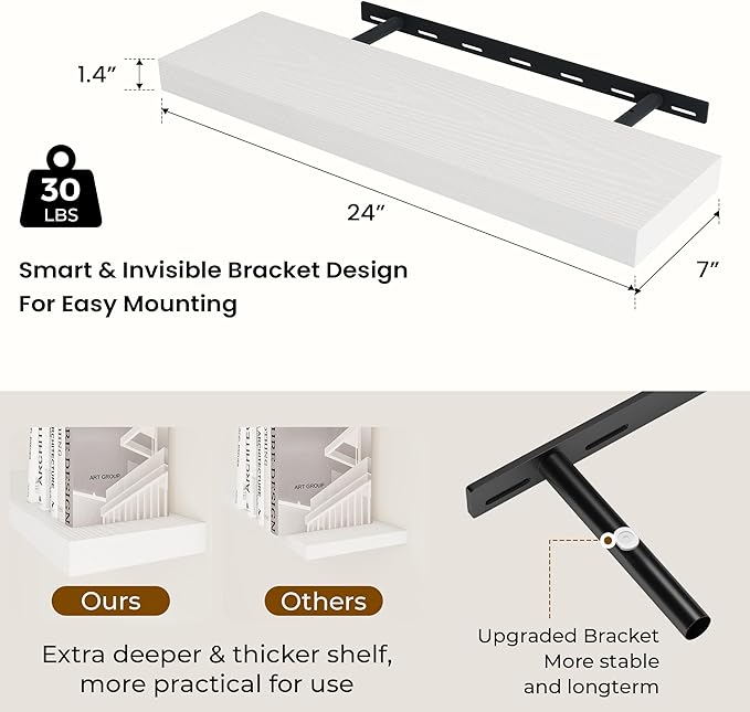 24 inch Floating Shelves Long Floating Shelves for Wall Large Wall Mounted Shelves with Invisible Brackets, White Shelves for Bathroom, Living Room, Kitchen, Office, 24x6.7 inch deep Set of 2-CasaMuseHome