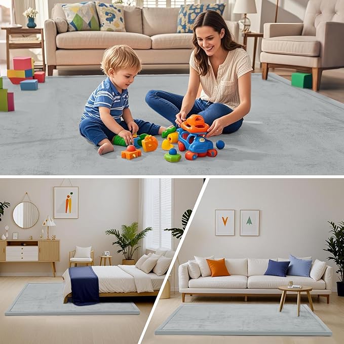 ACOMOPACK Baby Play Mat for Floor,1.3" Thick Memory Foam Area Rug for Living Room,Soft Velvet Crawling with Non-Slip Bottom for Kid,Toddler,79"×118" Tummy Time Nursery Rugs,Yoga（Light Grey）-CasaMuseHome
