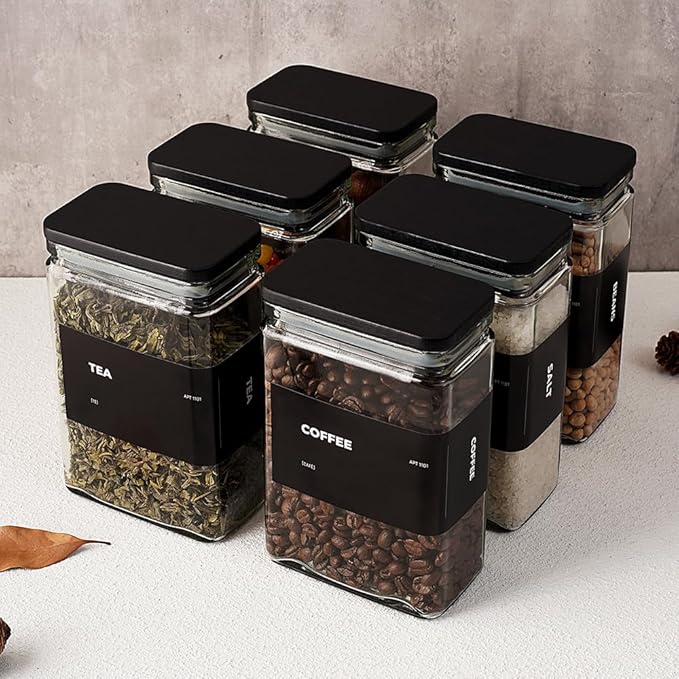 27 oz Glass Storage Jars with Bamboo Lid, set of 6, glass canisters with airtight lids, Clear jars with lids for Cookie, Candy, Tea, Coffee Bean and Rice, Black-CasaMuseHome